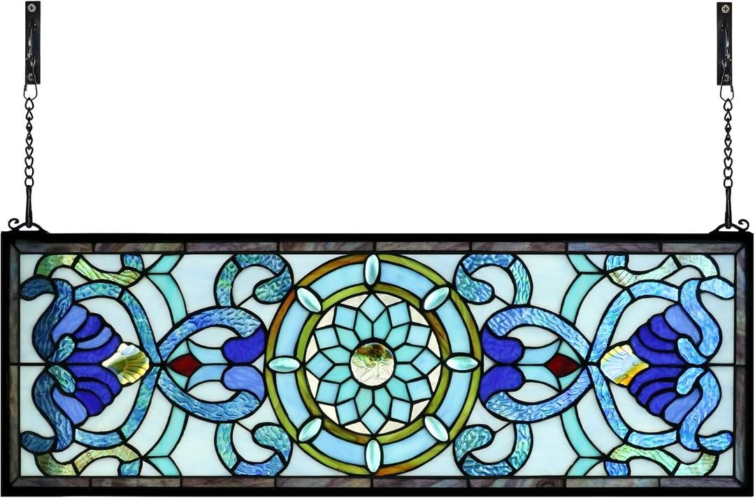 Yogoart Extra Large Horizontal Blue Victorian Stained Glass Window Panels Hanging Transom Window Panels (30" X 10")
