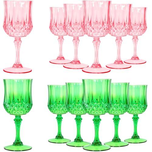 LemonRoad 12 Pcs Pink and Green Plastic Wine Glasses Holiday Party Vintage Plastic Goblets Drinking Glasses for Wedding Reception Bridal Showers Grand Event Party Supplies