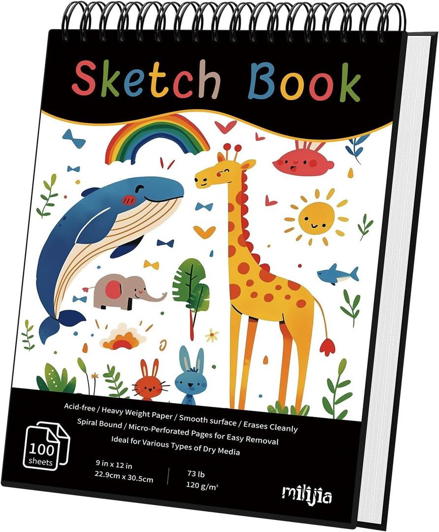 MLIJIA 9"x12" Sketchbook, HardCover with Zoo-Themed Hardbound Design, 100 Sheets(73lb/120gsm) with Tear-Out Pages, Art Supplies for Drawing, Art Class Students, Spiral Bound School Drawing Pad (Satind Black)