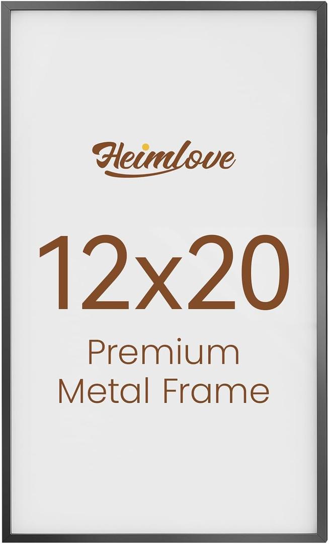 Heimlove 12x20 Metal Picture Frame,Black Aluminum Photo Frames-Real Tempered Glass,Wall Gallery Poster Puzzles Artwork frame Mounting Horizontally or Vertically Decor for Wall-1Pack