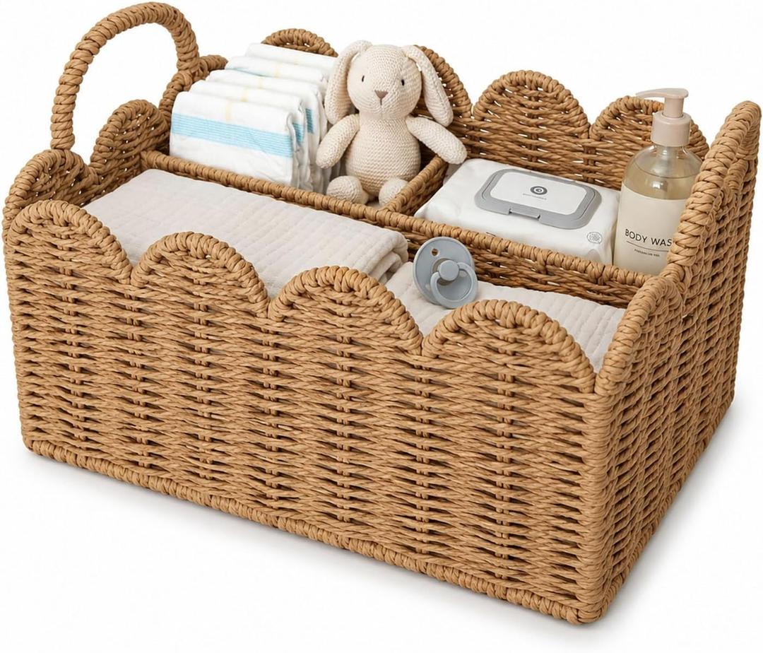 Diaper Caddy Organizer, Paper Rope Storage Baskets Nursery Bin with Removable Divider, Woven Scalloped Portable Car Organizer for Diapers, Baby Shower Gifts, Newborn Essentials Must Haves