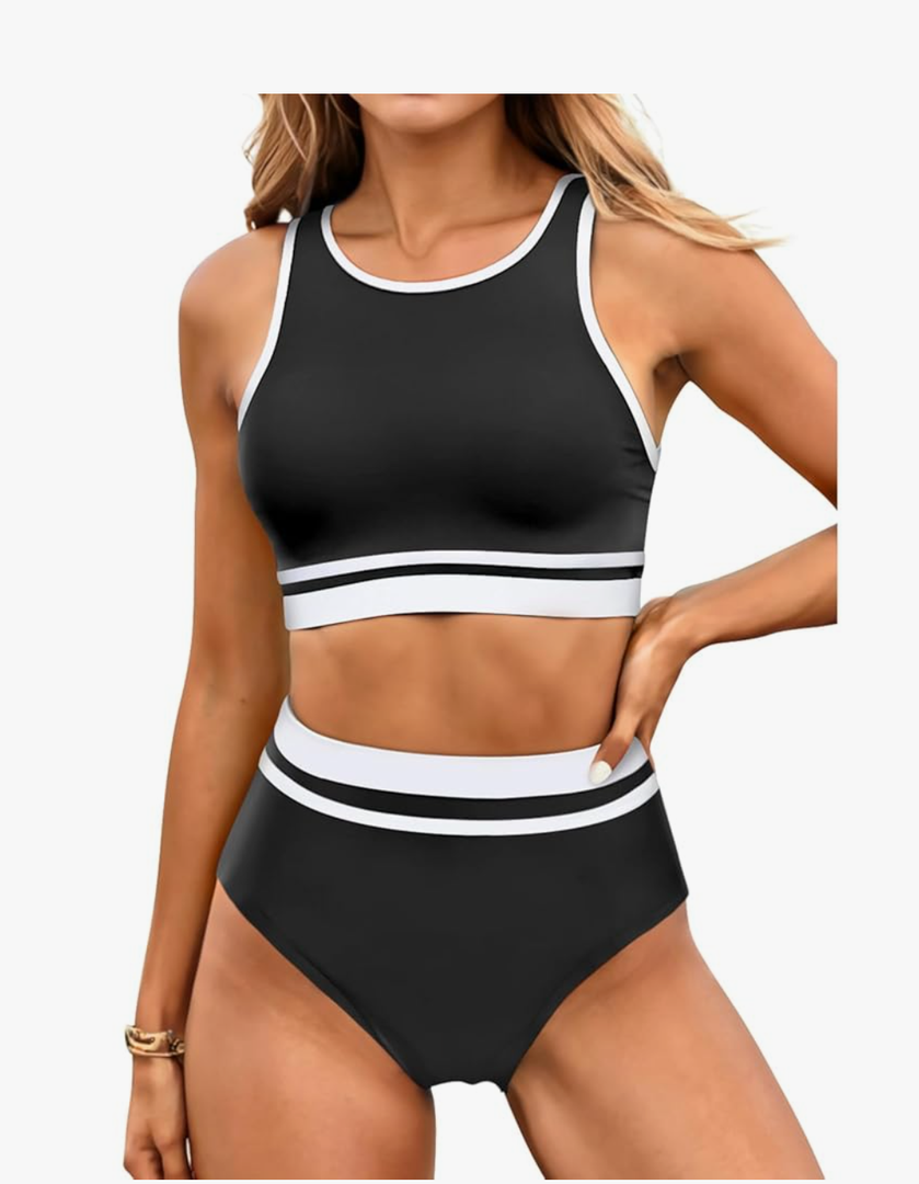 Yonique Women Sport Bikini Set for Teen Juniors Two Piece Swimsuit High Waisted Bathing Suit Size, L, Black & White