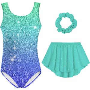 Idgreatim Girls Gymnastic Leotard Ballet Dance Dress Outfit with Removable Skirt Hair Scrunchie Combo 4-11 Years (5-6 Years, Greem Blue)