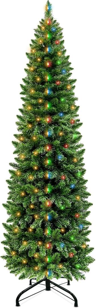 TURNMEON Dual Color Change 6.5 Ft Prelit Pencil Christmas Tree 8 Modes Timer Warm White & Multicolor Lights 826 Thick Branch Artificial Slim Xmas Tree Christmas Decorations Indoor Outdoor Home Holiday