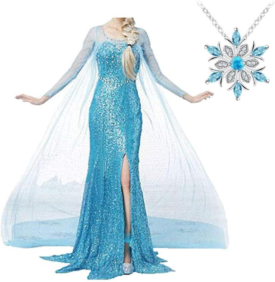 Choadam Princess Coronation Dress Snow Queen Adult Women Cosplay Wig Necklace Costume Cosplay Halloween Blue, S=2-4 size