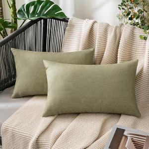 MIULEE Pack of 2 Decorative Outdoor Solid Waterproof Throw Pillow Covers Faux Linen Garden Farmhouse Cushion Cases for Patio Tent Balcony Couch Sofa 12x20 inch Light Olive Green (20" x 12" (Pack of 2))