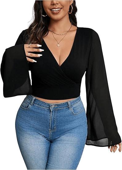 MakeMeChic Women's Plus Size Top Bell Sleeve Tops V Neck Wrap Blouse Party T Shirts, Size XL
