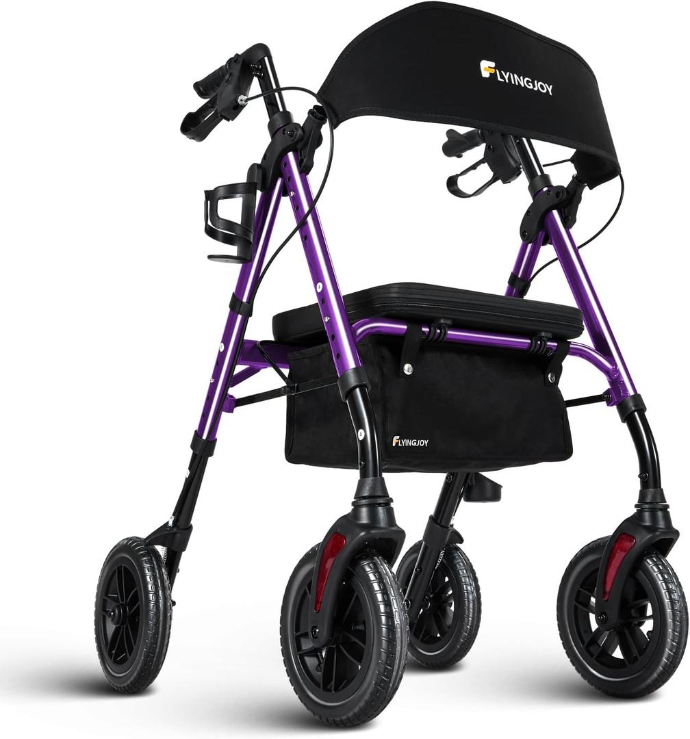 Lightweight Rollator Walker with Seat & Backrest - Foldable Mobility Aid for Seniors, 8" Large Airless Tires, Adjustable Height, Brake,Storage Bag,300 lbs Capacity, 4 Wheel Rolling Walkers for Adults