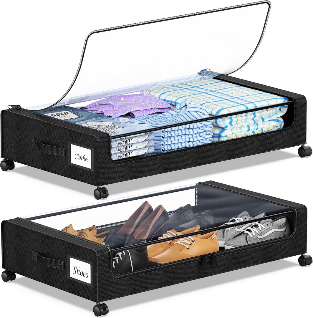YAASHEEN Under Bed Storage with Wheels, 2Pack Under the Bed Storage Containers with Clear Lids & Label, Underbed Storage Bins, XXL 60L Rolling Metal Drawer for Clothes, Shoes, Toys, Books  Black