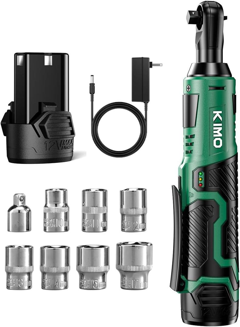 KIMO Cordless Electric Ratchet Wrench Set, 40Ft-lbs, 400RPM, 12V Cordless Ratchet Wrench 3/8" w/ 60-Min Charger, 7Sockets, 1/4" Adapter, Forward/Reverse Switch, 2.0Ah Battery, Variable Speed Trigger