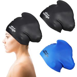 Swim Cap Long Hair 2 Pack Swimming Caps for Women Silicone Swim Caps Keep Hair Dry Waterproof Comfortable Flexible Durable Bathing Cap Tear-Proof Design Large Women Adult Swimming Cap 10+ Years Girls (Black & Blue)