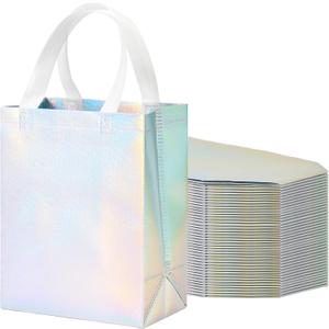 METAPRINT 100 Pcs Iridescent Glossy Gift Bags Medium Size, 8x4x10 Inch Holographic Reusable Gift Bags with Handles & Sturdy Base, Ideal for Birthday, Wedding (Prism Silver)