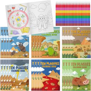 Cinrobiye 24 Set Passover Coloring Books Bulk Mini Ten Plagues Coloring Booklet with Stacking Crayons, Pesach Favors, Passover Arts and Crafts, Goodie Bag Stuffers, Seder Activity Pack
