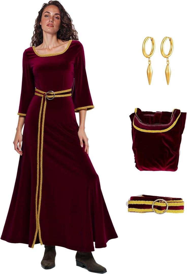 Mother Gothel Costume Women Red Velvet Renaissance Dress Evil Witch Halloween Cosplay Outfits with Earrings Belt (X-Large)