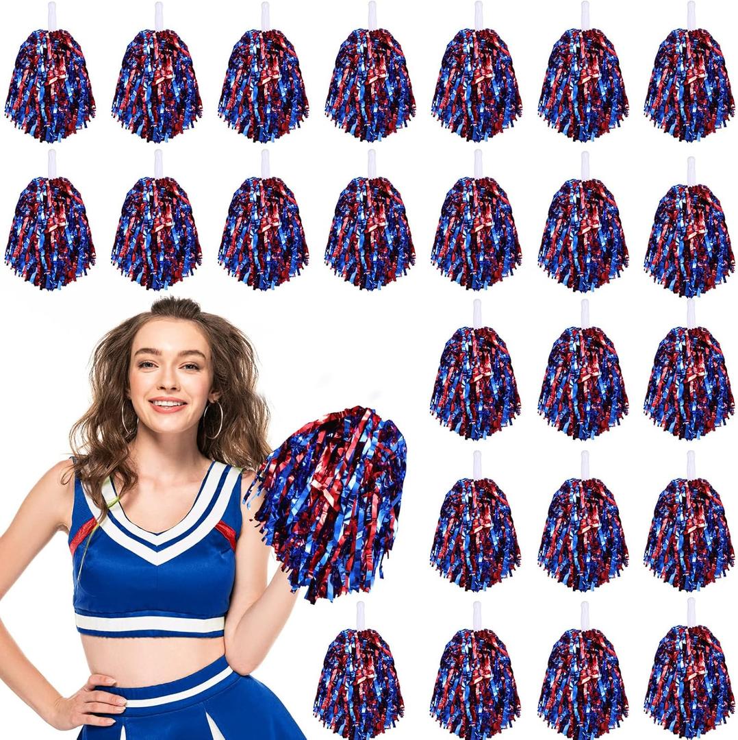 24 Pcs Pom Poms Cheerleading Cheerleader Spirited Cheer Baton Handle Metallic Foil for Sports Team Party Dance Cheering (Red, Blue)