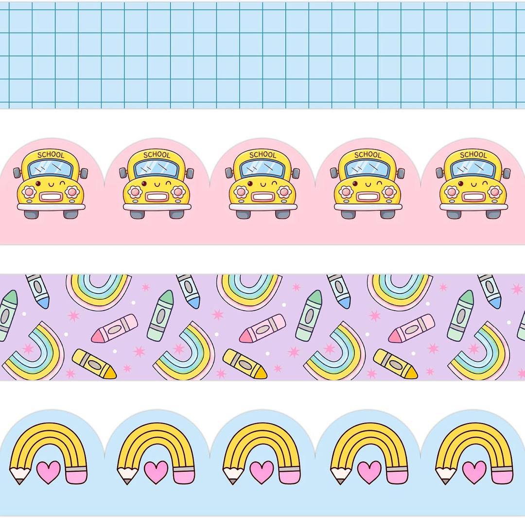 AmazingSpark 4 Rolls 118 ft School Bus Bulletin Board Borders Rainbow Crayon Bulletin Board Borders Pencil Grid Pattern Classroom Border Trims for Back to School Office Chalkboard Wall Decor