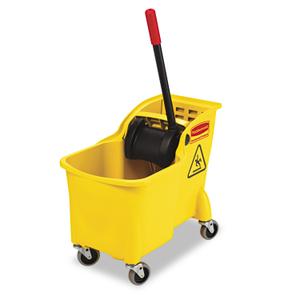 Rubbermaid Commercial Products 31 QT Tandem Mop Bucket and Wringer Combo on Wheels, Yellow, for Floor Cleaning/Wet Mopping
