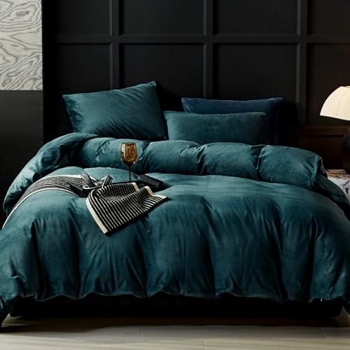 WARMDERN Peacock Blue Flannel Velvet Duvet Cover King Size Duvet Cover Bedding Sets, 3pcs Ultra Soft Luxury Textured Modern Crystal Velvet Duvet Covers with Zipper Closure(Peacock Blue, King)