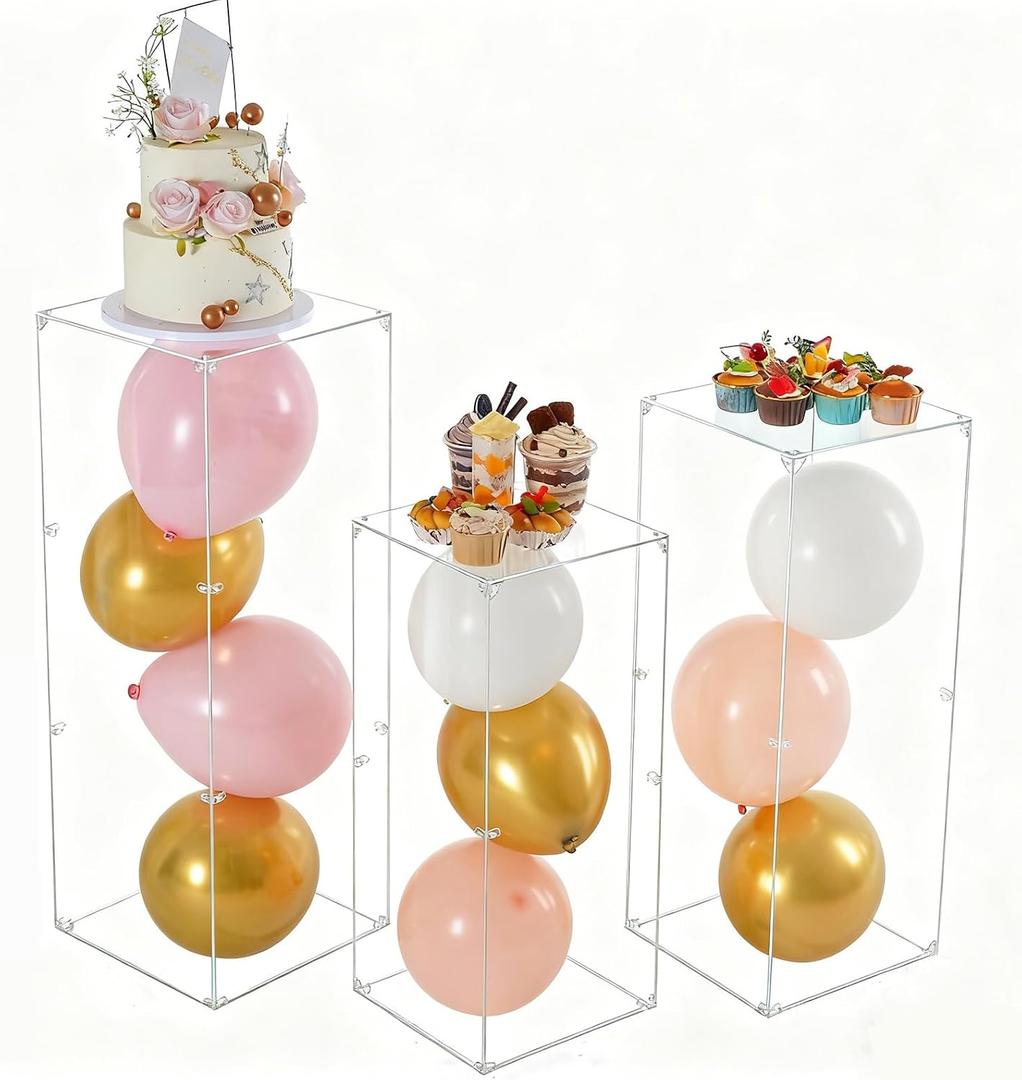 Vincidern 3pcs Acrylic Square Pedestal Stand for Party, Clear Lucite Display Pedestal for Flowers, Sculptures, Cake, Wedding, Events, Art Gallery, Party Decor 31.5*11.8''(L), 27.6*11.2''(M), 23.6*10.2''(S)