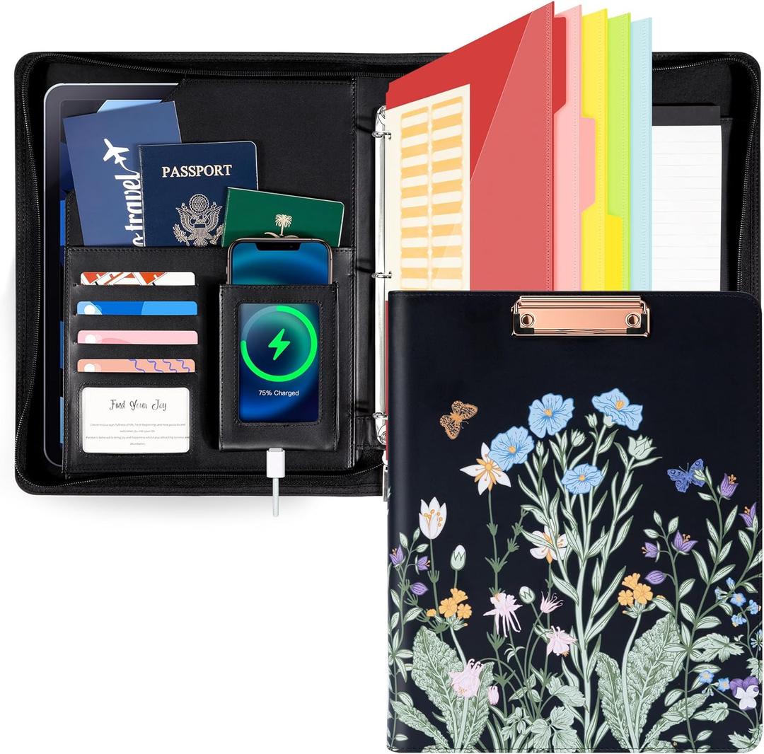 Ospelelf Leather Clipboard with Storage, Zippered Padfolio Portfolio Organizer, 3 Ring Binder 1 Inch, Notepad, Tablet Sleeve, 5 Dividers with Pocket for Office,Students, Teachers Night Flowers