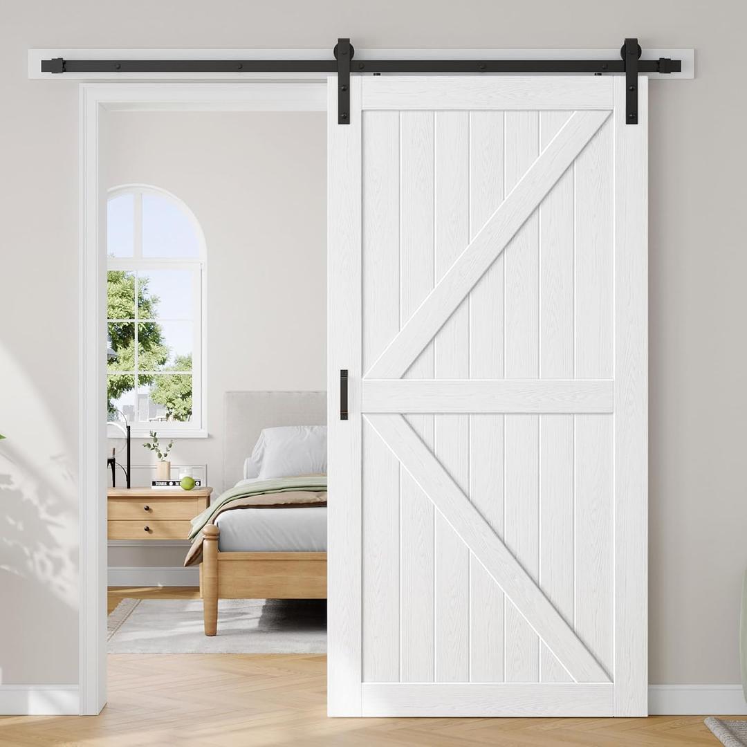 FREDBECK 42X84 Wood Barn Doors with 7FT Hardware Kit,K Shape,White