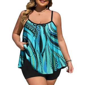 Summer Mae Plus Size Swimsuits for Women Two Piece Tankini Sets Tummy Control Bathing Suit Swimwear with Shorts (Flowing Water Pattern) 22 plus