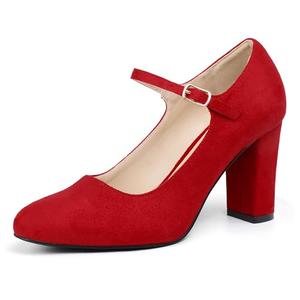 IDIFU Red Pumps Mary Jane Dress Shoes for Women Closed Toe High Chunky Block Heels Dressy Wedding Bride Prom Graduation Heels Comfortable Cute Vintage Round Toe Pumps Shoes(Red Suede, 6)