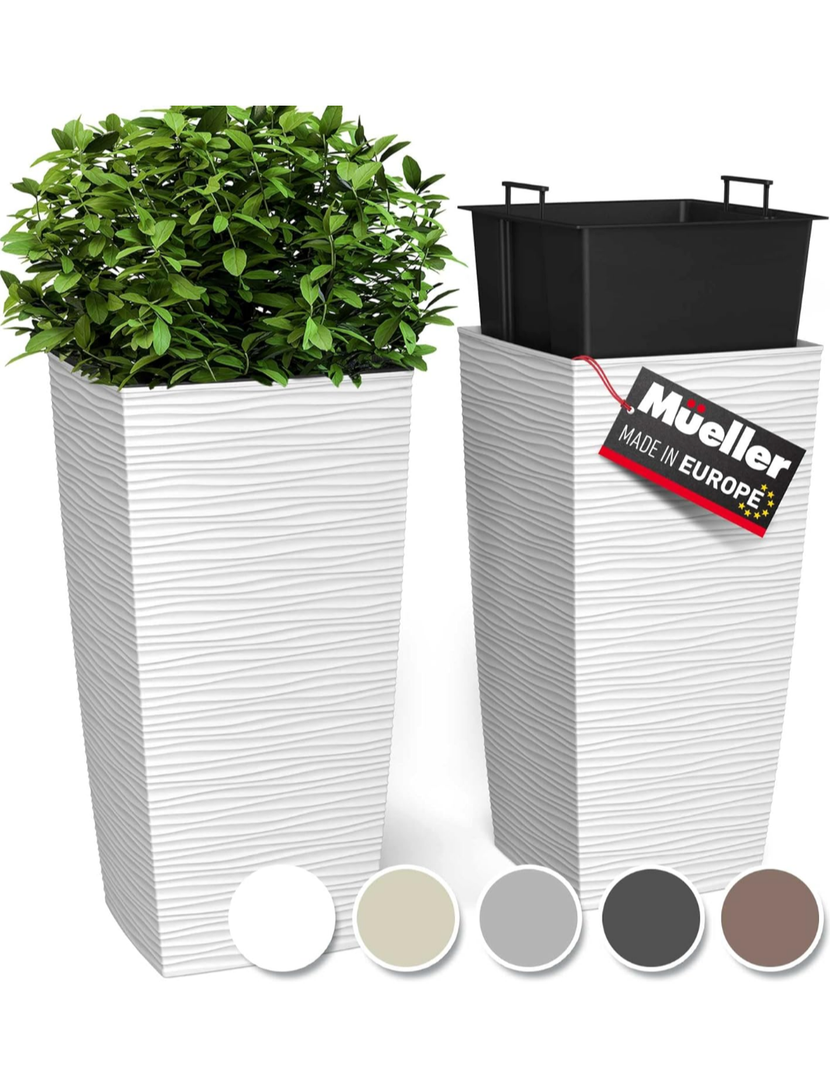Mueller M-Resin Heavy Duty Tall Planters for Outdoor Plants, Indoor Grande Plant Pots, Boxes, Trees, Flower Pots, 2-Piece Set, 24”, Modern Design, Built-in Drainage, Front Porch Decor, White