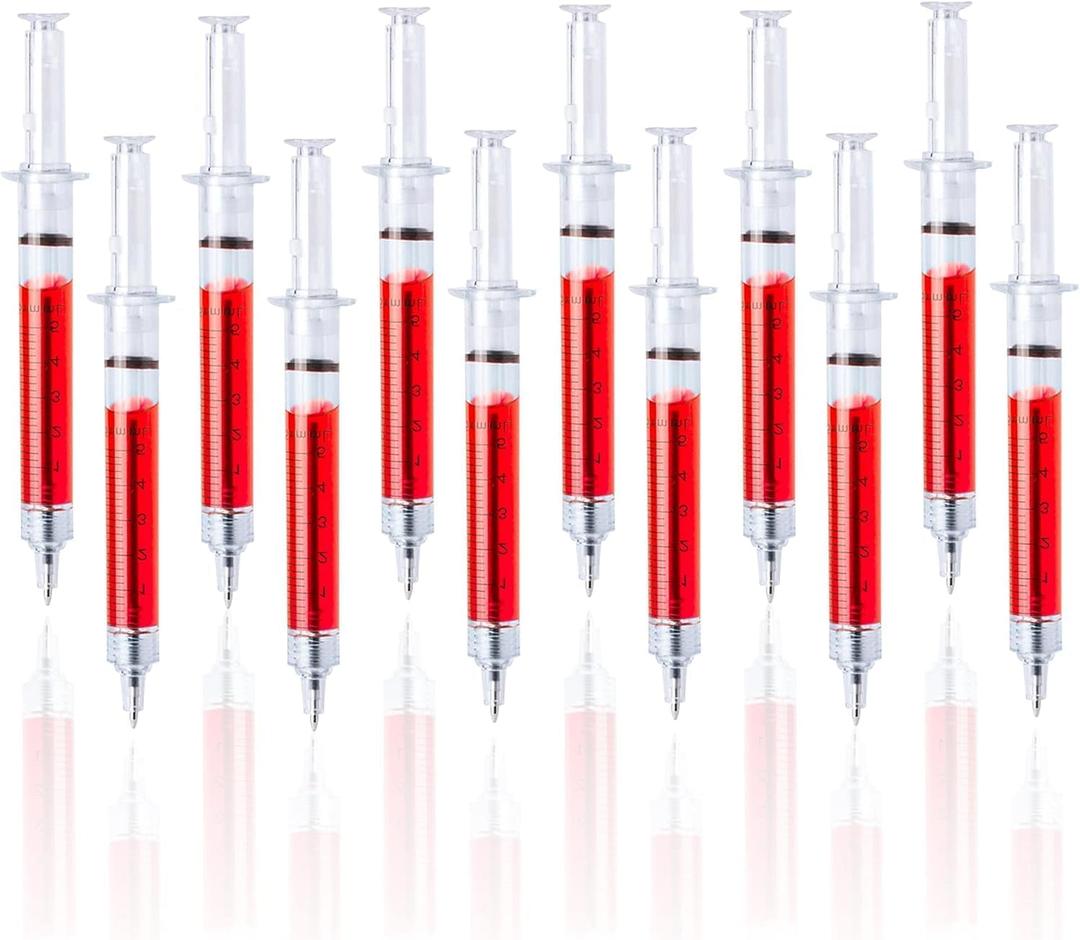 Red Syringe Pens - Fun & Retractable BallPoint with Black Ink - Smooth Writing, Comfortable Grip & Lightweight Novelty Pens - Perfect for Nurses, Doctors | 12PCS