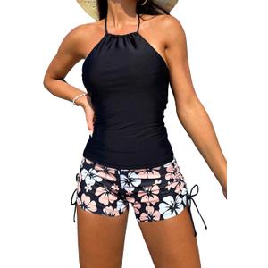 SOLY HUX Tankini Swimsuits for Women Halter Tops and Floral Print Shorts Bathing Suits Two Piece Swimsuit (XL, Black Floral)