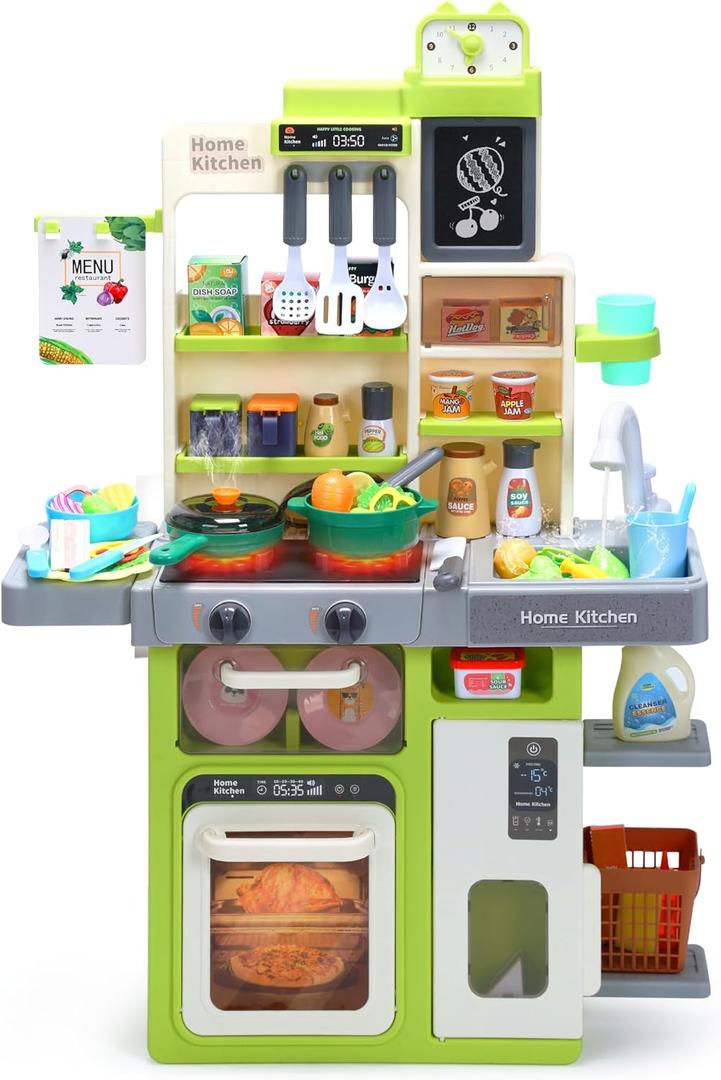HOLYFUN Kids Kitchen Playset, Pretend Play Kitchen with Sounds and Lights, Cooking Stove Steam,Play Sink and Play Food,Toy Kitchen Set for Kids Toddlers, Green