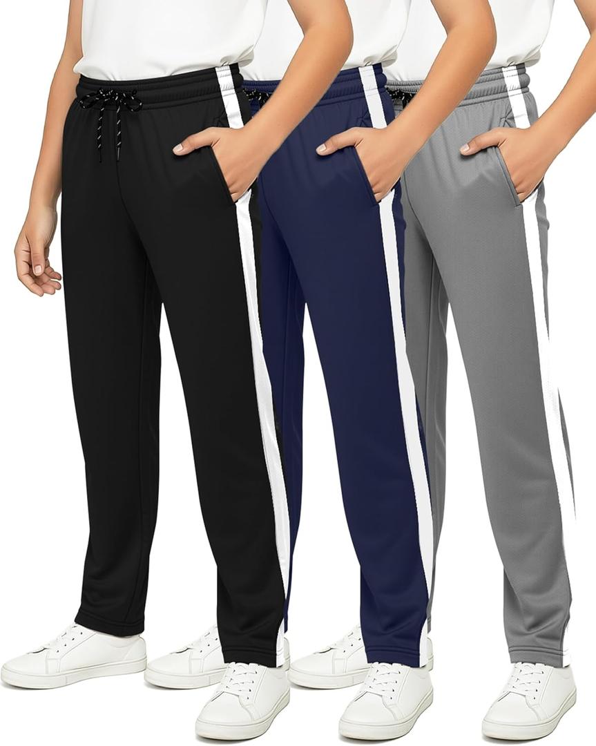 Real Essentials 3 Pack: Boys' Mesh Open Bottom Active Sweatpants with Pockets & Drawstring (X-Large, Set 7)