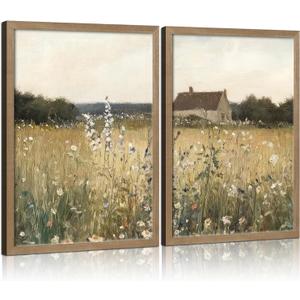 Two Framed Canvas Vintage Wildflower Wall Decor Country House and Wildflower Print Natural Botanical Landscape Wall Decor for Farmhouse Living Room or Bedroom 12x16 Inch