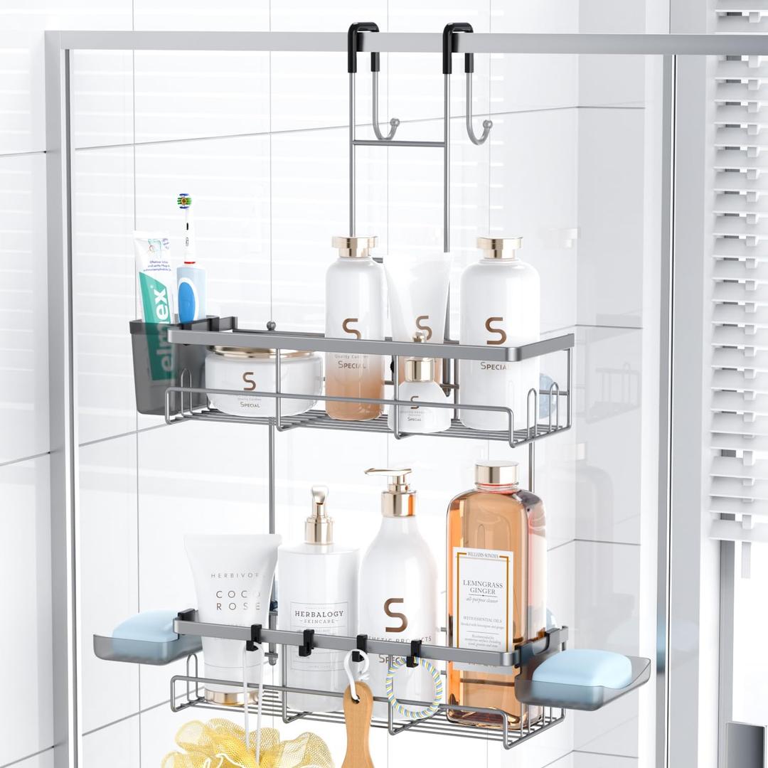 Aitatty Hanging Shower Caddy Over Door: Silver Rustproof Shower Organizer over the Door - No Drilling Bathroom Rack for Inside Shower