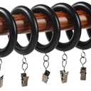 Wood Curtain Rings with Clips,12 Pieces 2.75 Inch Wooden Drapery Curtain Rod Rings for 1.7 inch Rod Pole Farmhouse Drapery Clips,Natural Beech Wood(Black, 1.81 INCH Inner Dia)