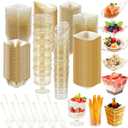 Tessco for you 400 Pcs Mini Appetizer Plates Dessert Cups Spoons Forks Set Dessert Containers Assorted Shape Plastic Parfait Cups Disposable Spoon Forks for Party Serving (Gold)
