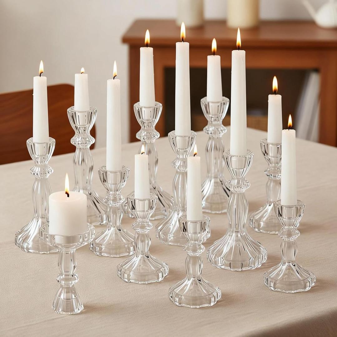 12 Pack Glass Candlestick Holders Set 4.3/6.1'' Taper Stripe Candle Holder Bulk Floral Shape Crystal Decorative Candle Stand Centerpiece for Table Valentine's Day Wedding Dining (Clear)