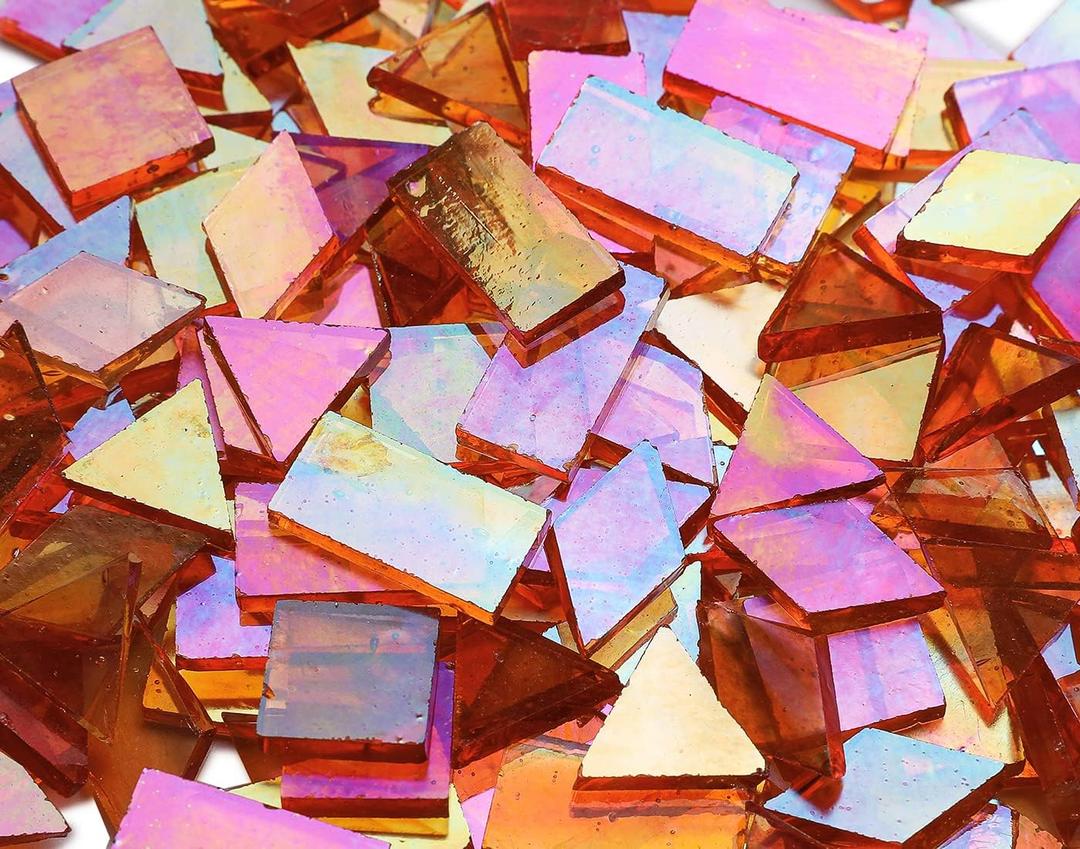 200 Pieces Bulk Iridescent Mosaic Glass Tiles, 4 Shapes Mixed Stained Glass Tile Pieces for Mosaic Craft,Translucent Orange