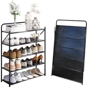 5 Tier No-Assembly Shoe Rack, Foldable Shoe Rack Organizer Without Installation, Portable Solid Metal Shoe Shelves for Closet, Entryway, Front Door Entrance