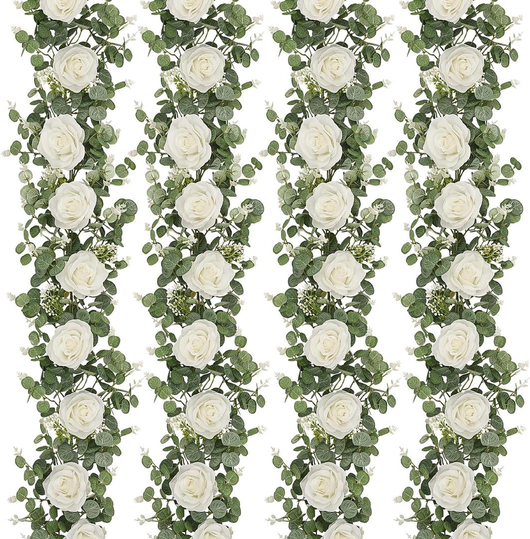 Dolicer 4Pcs 26Ft Artificial Eucalyptus Garlands with Flowers - 8 Roses, Faux Floral Greenery Garlands Fake Flowers Vines for Wedding Table Centerpieces Arch Party Ceremony Backdrop Decor (White)