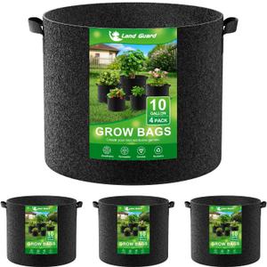 Land Guard 4-Pack Fabric Grow Bags 10 Gallon, Thickened Nonwoven Garden Pots, Growing Bags with Handles, Black
