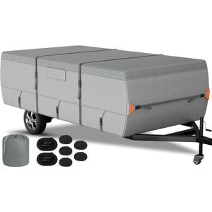 Tuszom Pop Up Camper Cover, 7 Layers Waterproof Folding Camping Trailer Cover for Snow Upgraded Tearproof RV Cover with 5+2 Windproof Straps and Storage Bag (Gray, Fits 14' - 16')
