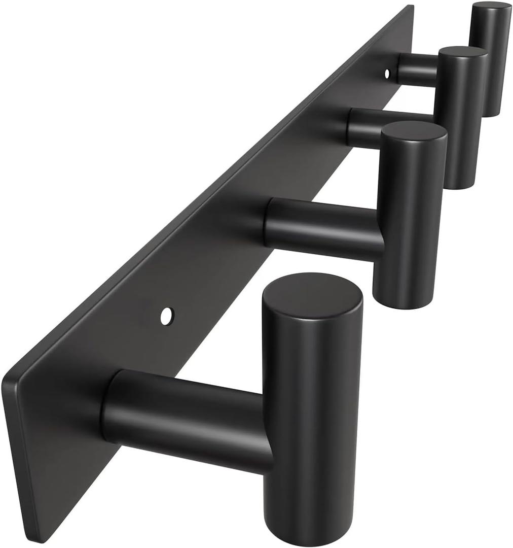 VAEHOLD Hat and Coat Wall Mount Rack - 4 Hooks for Robes, Bags, Keys, and Towels - Bathroom Towel Hanger Organizer - Black
