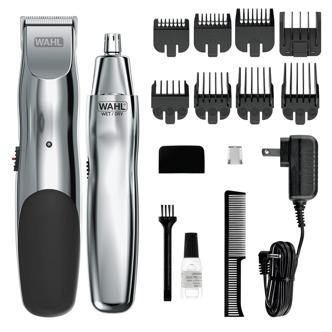 Wahl Groomsman Rechargeable Beard Trimmer kit for Mustaches, Nose Hair, and Light Detailing and Grooming with Bonus Wet/Dry Battery Nose Trimmer  Model 5622v (Silver)