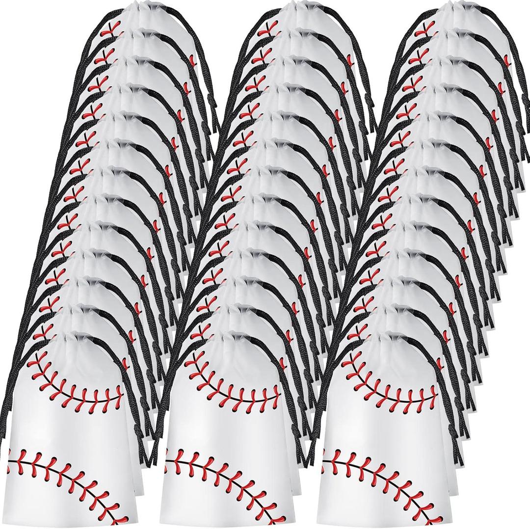 Flutesan 100 Pack 6 x 8 Inch Drawstring Baseball Party Favor Bags Plastic Baseball Snack Goodie Bags Gift Packaging Storage for Birthday Sports Theme Party Supplies