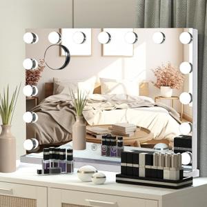 Paton Hollywood Hollywood Vanity Mirror with Lights,10X Magnification Makeup Mirror with 15 Dimmable Bulbs,3 Color Lighting Modes,Vanity Mirror for Bedroom,Touch Control,Tabletop or Wall-Mounted,White (White-23"x 18"-15 Bulbs)