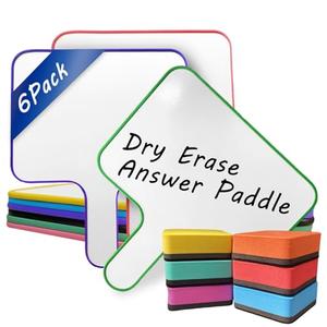 6 Pack Small Dry Erase Whiteboard- 10''X 8'' Dry Erase Paddles with Handle Double-Sided Mini White Board with 6 Colorful Erasers for Home Classroom and Office Writing Board