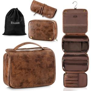 Elviros Hanging Toiletry Bag Removable Travel Bag PU leather Makeup Cosmetic Organizer Kit, Dark Brown (1 Pack)