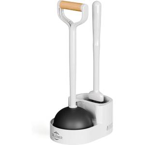 Sellemer 2 in 1 Toilet Brush and Plunger Set, Curved Design Head for Deep Clean, Heavy Duty Toilet Bowl Brush and Plunger Combo with Holder for Bathroom,White, 1 Pack