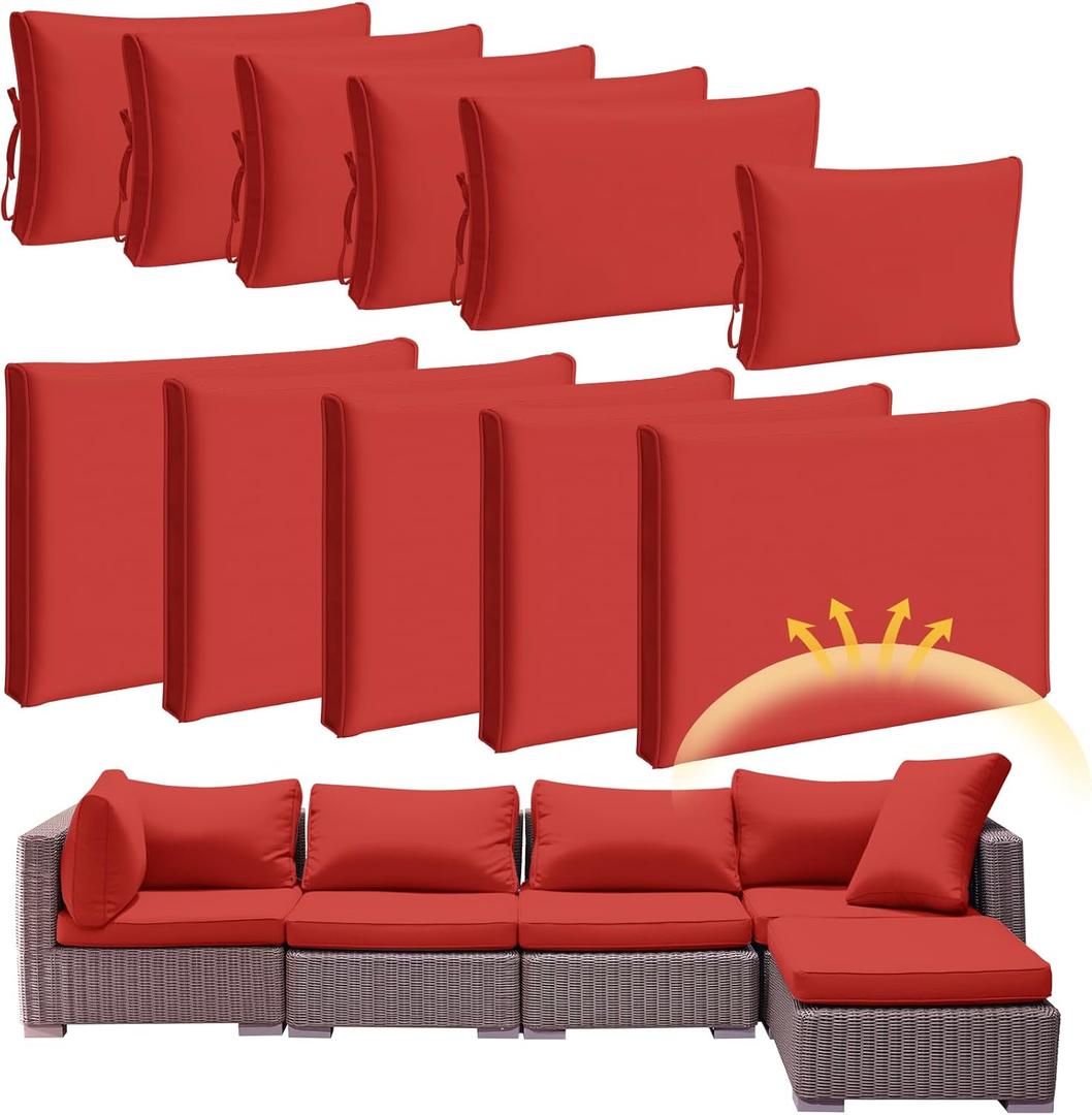 Patelai 11 Pcs Waterproof Patio Cushion Covers for Outdoor Sectional Furniture Wicker Rattan Patio Sofa Couch Chair Seat Pillow Slipcovers, 3 Sizes Covers Only (25.4 x 25.4X 3.54,Red)